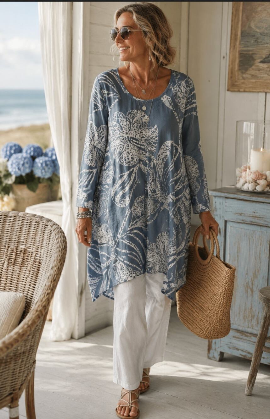 Soft Surroundings Tropical Print Long Sleeve Women's BodyCon Floral Boho Dress